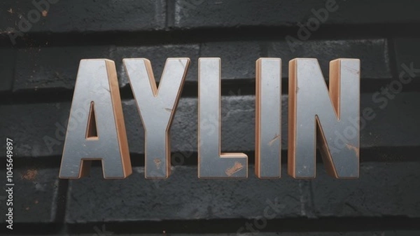 Fototapeta Metallic Signage: A bold, industrial-style 'AYLIN' logo in silver against a textured black backdrop, ideal for branding or design projects.