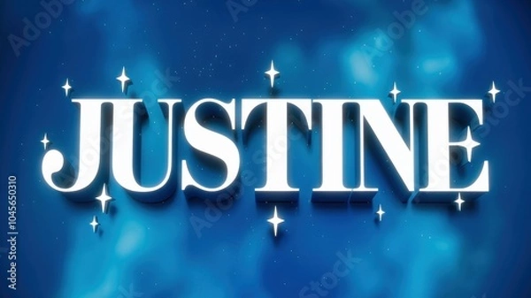 Fototapeta Stylized Text: 'JUSTINE' in Elegant White Font on a Soft Blue Background, Perfect for Branding and Creative Projects