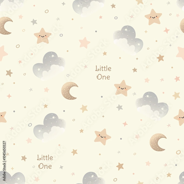 Fototapeta Cute seamless pattern with clouds, moon, and stars. Nursery baby pastel color background. For fabric, wallpaper, wrapping paper, kids apparel, baby product. Vector illustration
