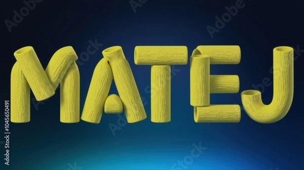 Fototapeta Colorful 3D Typography: Bright yellow letters spelling 'MATEJ' on a gradient blue background, suitable for branding or art projects.