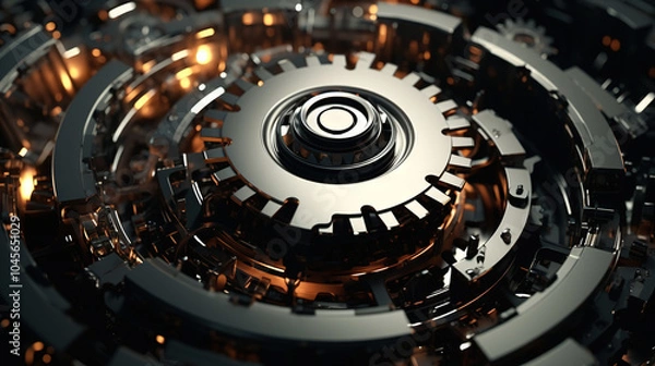 Fototapeta Technology or industrial background with abstract metallic gears in mechanism