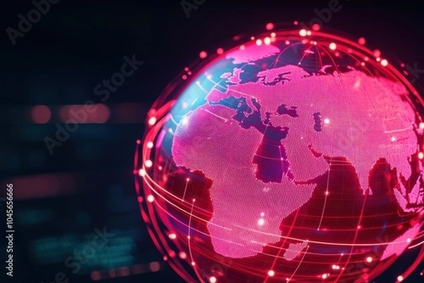 Fototapeta Glowing digital globe concept with pink neon lines on dark background.