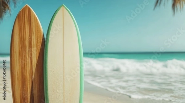 Fototapeta Two surfboards, one wooden and the other light green, stand upright on a sunny beach with ocean waves in the background under a clear blue sky.