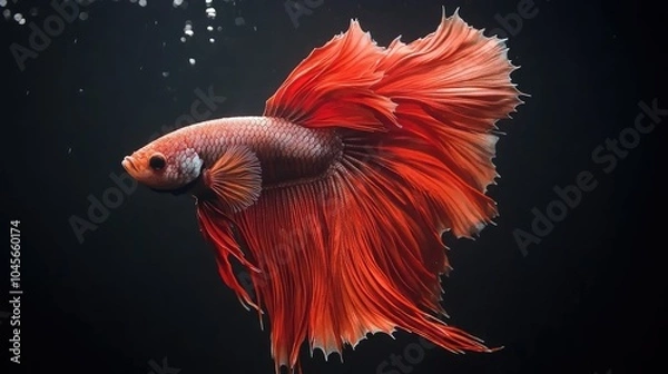 Fototapeta A dramatic close-up of a half-moon Siamese betta fish with rich red fins, its smooth movements creating fluid lines against a black background.