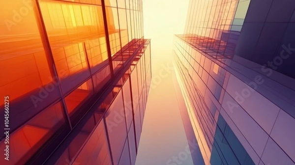 Fototapeta A dramatic view looking up at a skyline of towering high-rises, their sleek lines and reflective surfaces cutting through the bright sky.