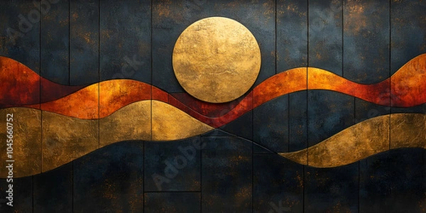 Fototapeta A vibrant abstract artwork featuring a gold sun above undulating waves in shades of red, orange, and dark blue.