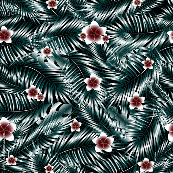 Fototapeta Seamless pattern with tropical flowers and palm leaves on a black background