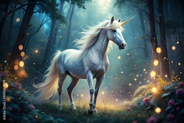 Fototapeta Elegant Unicorn in Mystical Forest with Bokeh Effect - Enchanting Fantasy Scene