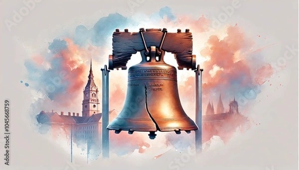Obraz Liberty Bell For Patriot Day, Freedom Bell, Independence Day Illustration. Watercolor US Colors, Stars and Stripes Abstract Bell Design. Generative AI	
