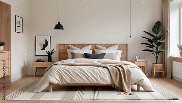 Fototapeta fringed cream plaid bed adorns scandinavian style bedroom minimalist accents natural wood tones cozy atmosphere