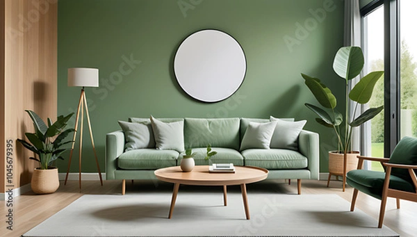 Fototapeta light green sofa sits near round wooden coffee table green wall modern scandinavian living room setting