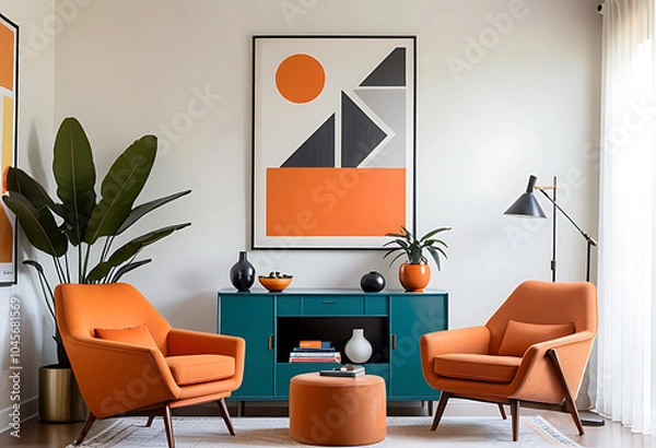 Obraz mid century home features two orange armchairs stucco wall vintage poster frame modern living room decor