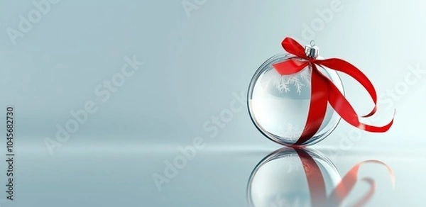 Fototapeta Banner with free space for text. Clear glass bauble with a red ribbon on a reflective surface, creating a minimalist and elegant Christmas decoration. 