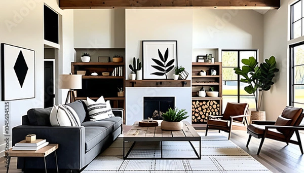 Fototapeta modern farmhouse decor features rustic wood vintage decor cozy bohemian atmosphere spacious living room area