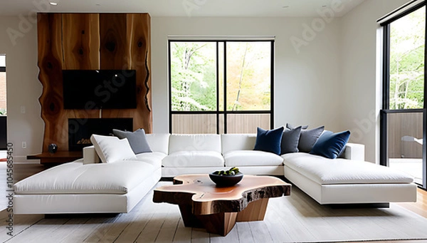 Fototapeta modern living room features live edge coffee table matching white sofa