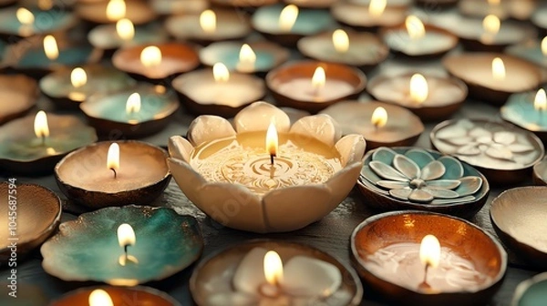 Fototapeta Decorative diyas arranged in beautiful patterns, glowing softly, Festival of Lights design