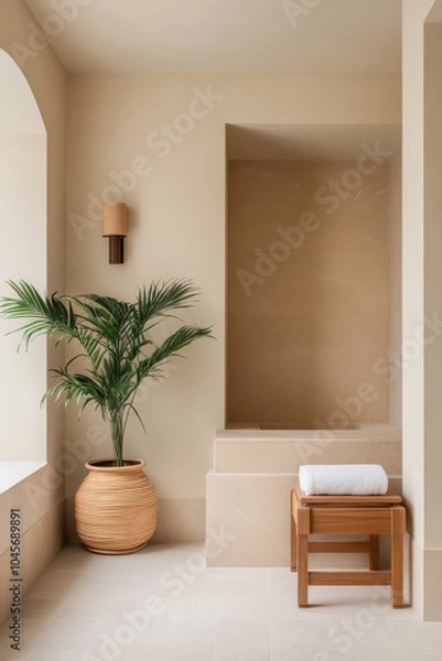 Fototapeta luxurious indoor spa featuring serene meditation corner, complemented by stylish plant and elegant wooden furniture. calming atmosphere invites relaxation and tranquility