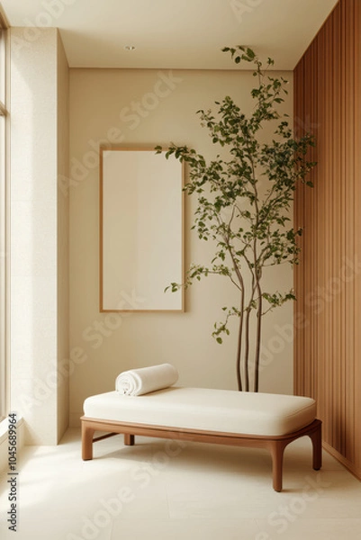 Fototapeta serene indoor spa featuring minimalist meditation corner with comfortable lounge chair and decorative plant, creating tranquil atmosphere for relaxation