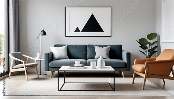 Obraz scandinavian style coffee table sits near sofa armchair wall mockup poster frame modern living room setting