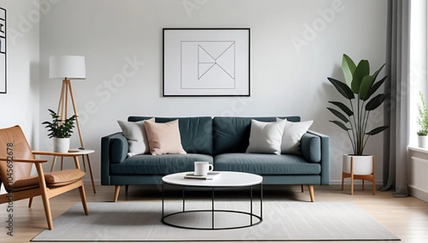 Obraz scandinavian style coffee table sits near sofa armchair wall mockup poster frame modern living room setting