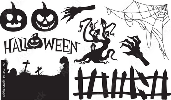 Fototapeta Collection of Halloween silhouettes. Haunted house, creepy tree, flying witch, pumpkins, halloween ghost, owl, coffin lid etc