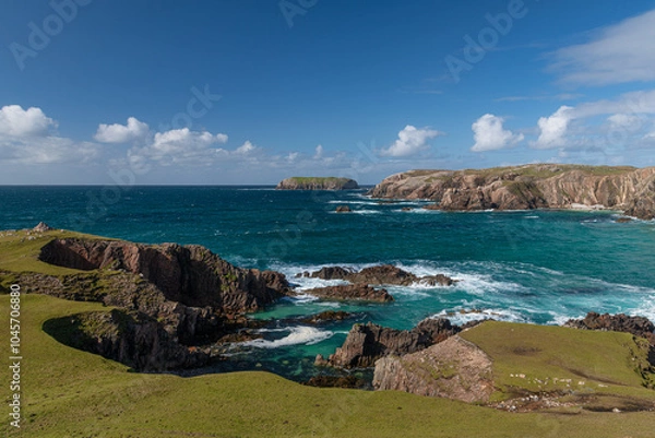 Obraz Mangersta sea stacks, natural rock formations in sea off coast Isle of Lewis, Outer Hebrides, Scotland