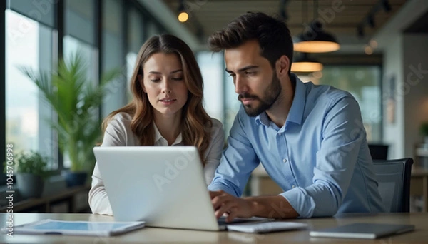 Fototapeta Male and female Caucasian financial advisors use laptop computers to discuss a stock market strategy in a contemporary business. European Managers Collaborate on a Banking Project 
