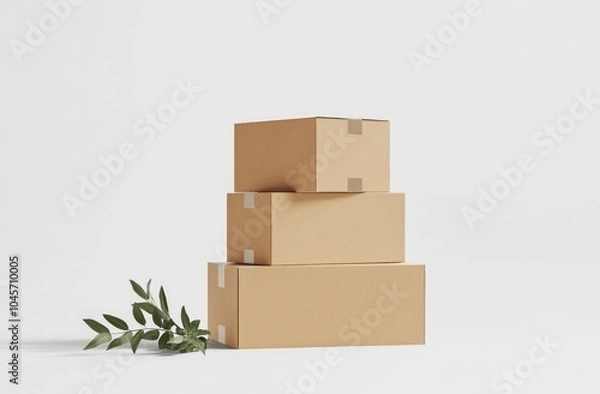 Fototapeta Eco-friendly stacked cardboard boxes with greenery on white background