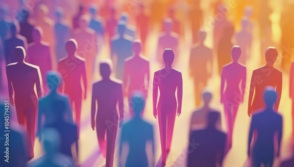 Fototapeta Abstract crowd of colorful paper people walking in the street, 3D illustration Generative AI