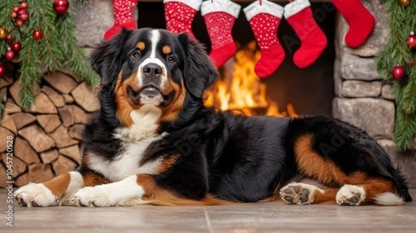 Fototapeta Dog by the Fireplace : “2025”. A contented Bernese Mountain Dog lying by a crackling fire, stockings hung above. Cozy warmth. Copy space near the hearth. 