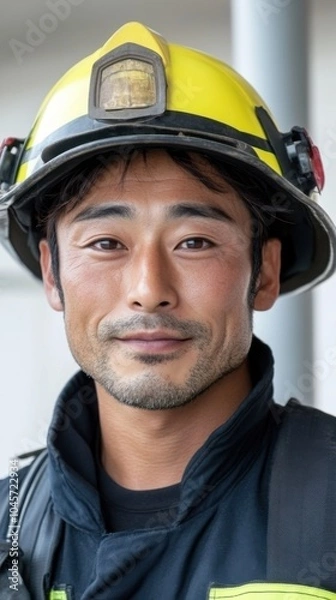 Fototapeta 黄色いヘルメットと制服を着て笑顔を見せる自信に満ちた消防士