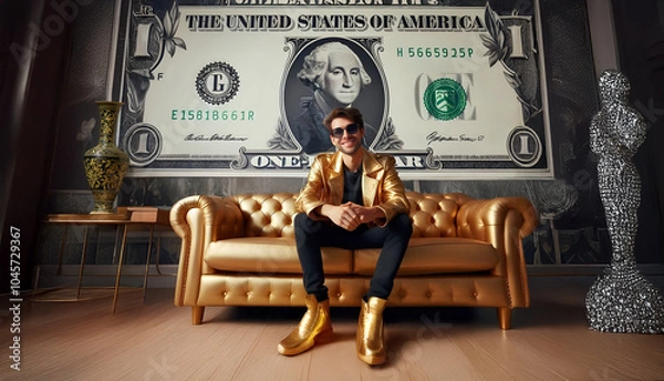 Fototapeta Lucky lottery winner, nouveau riche pays homage to capitalism by decorating his home with a copy of George Washington's portrait on a one-dollar bill, antique Ming vase and diamond modern sculpture