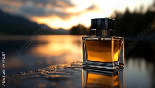 Fototapeta A glass bottle of perfume with a golden liquid sits on a rock near a lake with a sunset in the background.