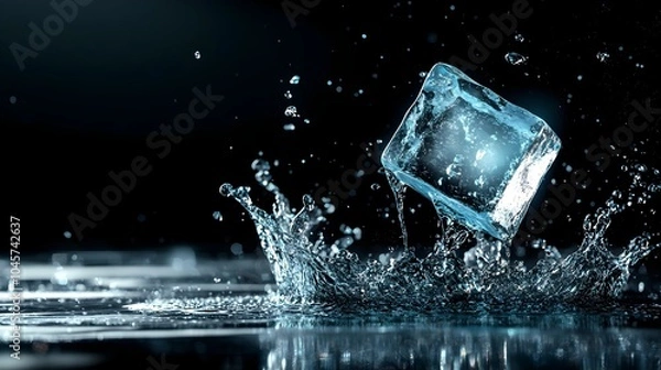 Fototapeta Glowing blue ice cube dropping gracefully into still water creating a dynamic burst of vibrant splashes against a black background  This serene