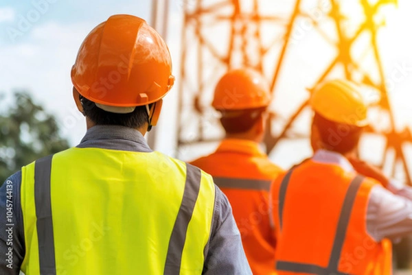Fototapeta Construction workers in safety gear inspecting a structure at sunset