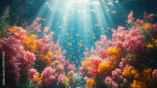 Fototapeta A vibrant underwater scene with colorful corals and fish illuminated by sunlight.