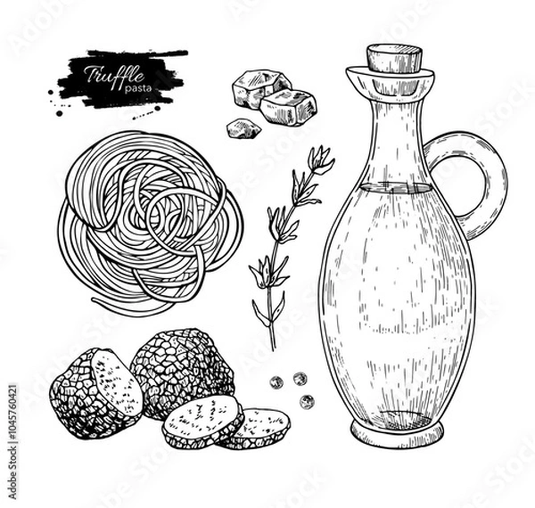 Fototapeta Truffle pasta ingredients vector drawing. Black truffle mushroom, spaghetti, Tajarin, 