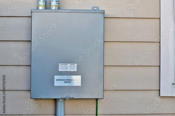 Obraz Standby generator transfer switch disconnect box junction wall residential.