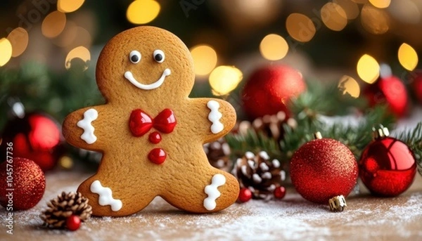 Fototapeta A smiling man celebrates with festive decorations during the holiday season