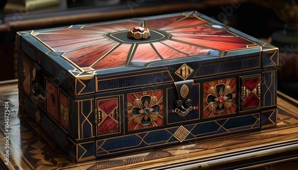 Obraz Art Deco Jewelry Box, an ornate jewelry box inspired by Art Deco design, featuring intricate geometric patterns, bold colors,