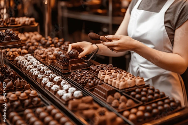 Fototapeta Chocolatier piping filling into chocolates, creating a mouth watering display. Handmade treats perfect for celebrations or gifts on special occasions.