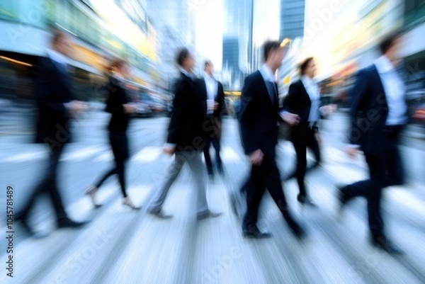 Fototapeta Many business people crossing the street in Singapore, motion blur city background, high resolution, white and black attire, bright colors, daylight, business suits Generative AI