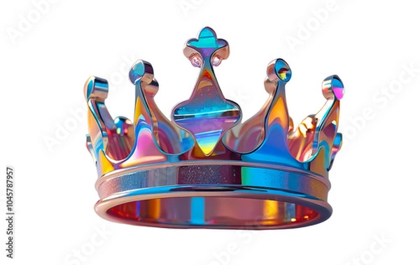 Fototapeta 3D chrome element in Y2K style, isolated background, liquid holographic metal. A crown made of gold and silver with a rainbow design.