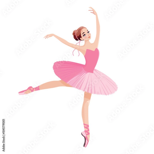 Fototapeta Pretty ballerina in pink dress dancing on white background. Vector illustration on white background