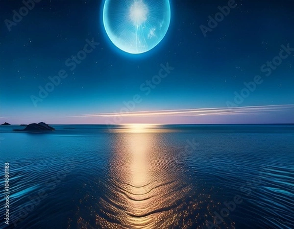 Fototapeta bright moon casting a long reflection on the ocean