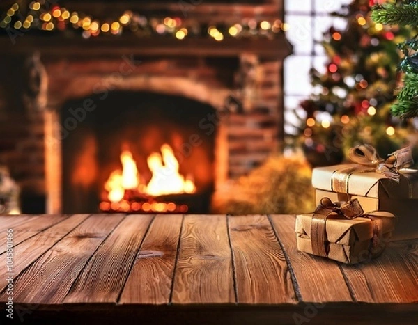 Fototapeta christmas background wooden background closeup with blurred christmas tree and gifts against the backdrop of the fireplace and holiday lights
