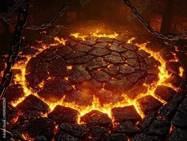 Fototapeta Fiery Circle of Stone Amidst Chains in a Dark Enigmatic Setting