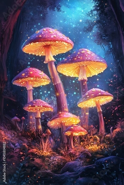 Fototapeta A magical scene featuring glowing mushrooms in a vibrant forest under a starry night sky, creating an enchanting atmosphere.