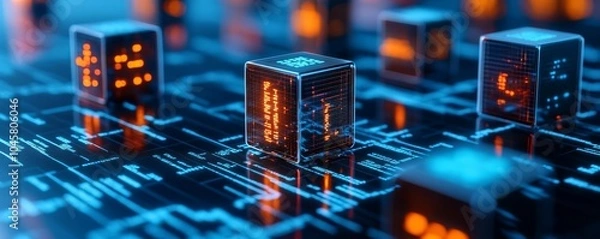 Fototapeta Holographic decentralized ledger, floating data cubes, futuristic digital landscape