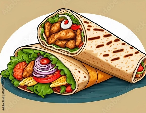 Fototapeta illustration of a cartoon style depiction of a fast food meal consisting of a chicken and vegetable wrap and a doner kebab or shawarma
